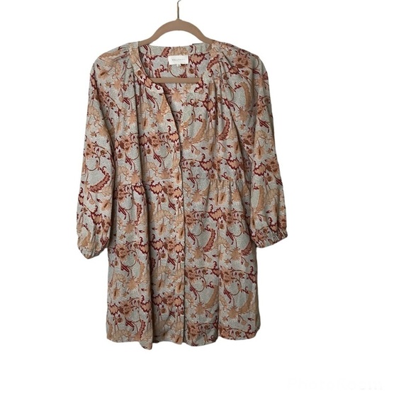 Melloday Size L Button Front 3/4 Sleeve V Neck‎ Tunic Top Floral And Leaf Print - Picture 1 of 10